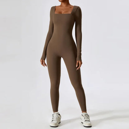 Long Sleeve Active Gym Jumpsuit | Square Neck Seamless