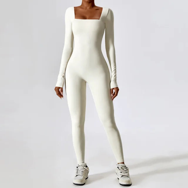 Long Sleeve Active Gym Jumpsuit | Square Neck Seamless