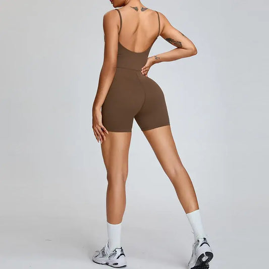 Open Back Active Gym Jumpsuit | Thin Strap Wide Neck