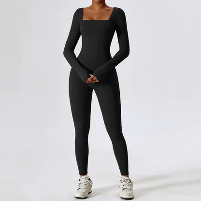 Long Sleeve Active Gym Jumpsuit | Square Neck Seamless