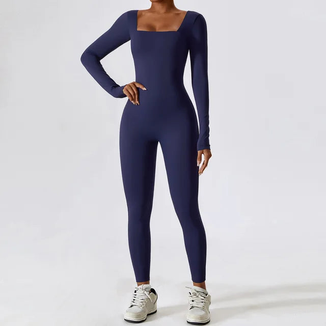 Long Sleeve Active Gym Jumpsuit | Square Neck Seamless