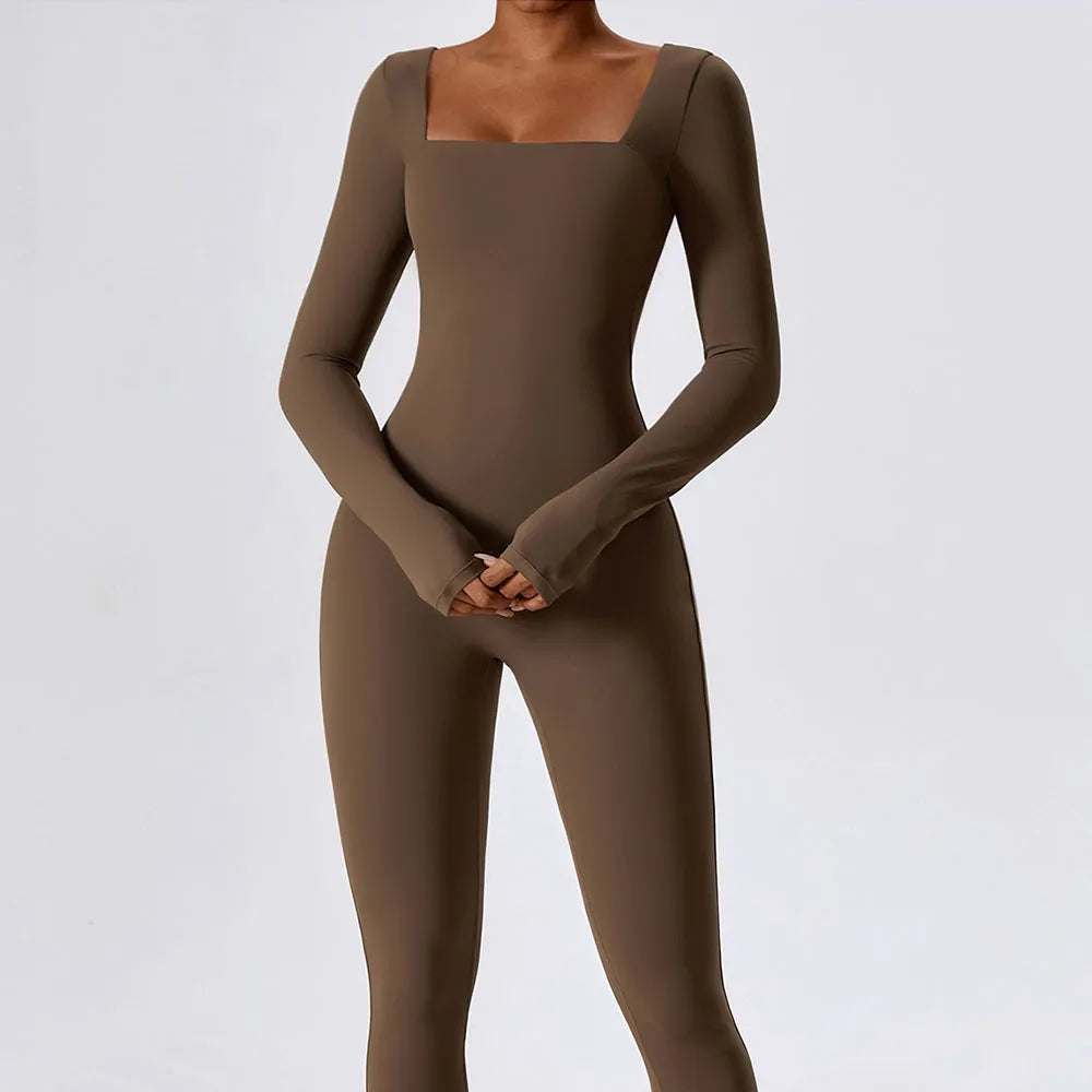 Long Sleeve Active Gym Jumpsuit | Square Neck Seamless